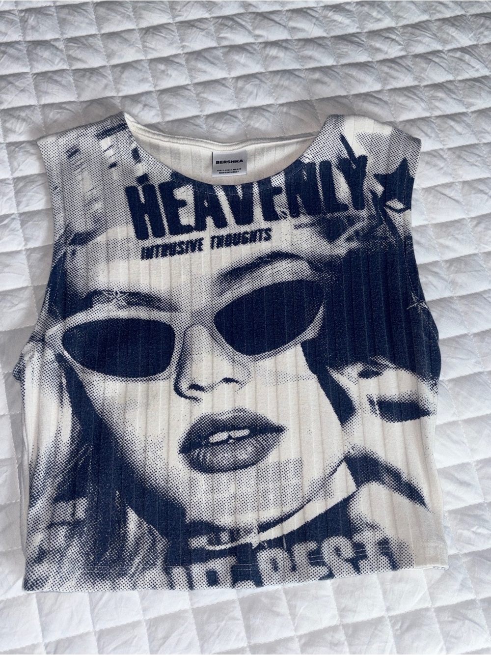 Bershka White Tank Top with Navy Pop-Art Face Graphic